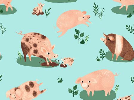 Happy Pigs Cotton Fabric Aqua CLTY3252-32 Dale Farm by Rebecca Jones for Clothworks Fashion