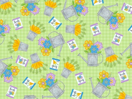 Watering Cans Cotton Fabric Green SEF6016-69 Happy Spring by Sharla Fults for Studio E on Sale