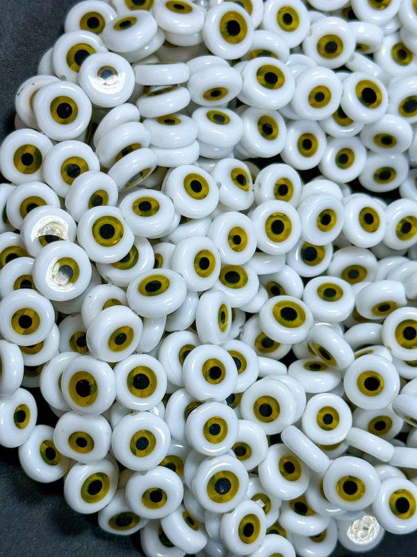 Beautiful Evil Eye Glass Beads 6mm 10mm Flat Coin Shape, Beautiful White with Yellow Evil Eye Glass Beads, Religious Amulet Prayer Beads on Sale