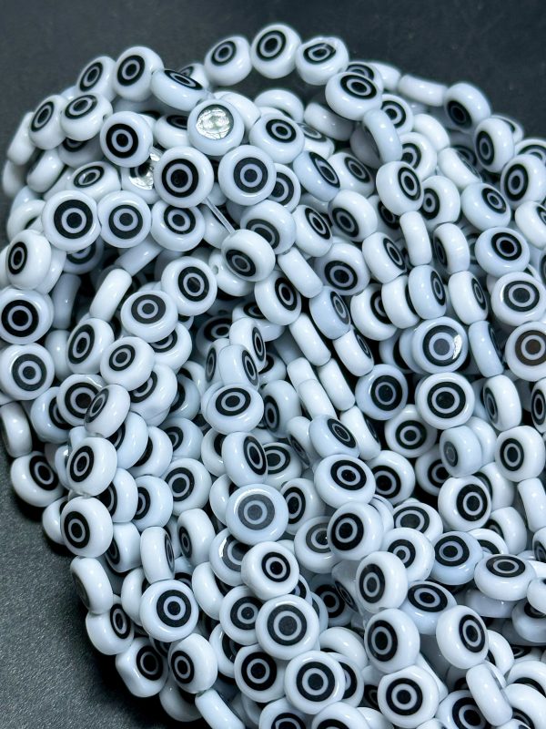 Beautiful Evil Eye Glass Beads 6mm 8mm Flat Coin Shape, Beautiful White with Black Eyes Evil Eye Glass Beads, Religious Amulet Prayer Beads Online Hot Sale