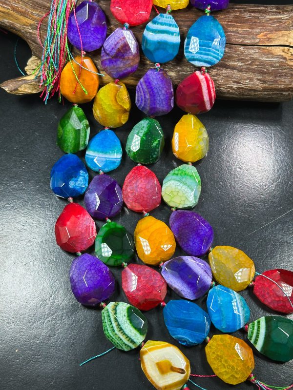 Natural Dragon Skin Agate Gemstone Bead Faceted 36x30mm Teardrop Shape, Beautiful Multicolor Rainbow Dragon Skin Agate Beads, 15.5  Strand Sale