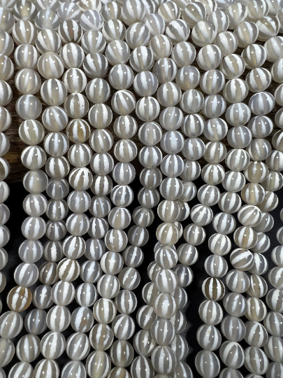 NATURAL Gemstone Tibetan beads hand Painted Agate, 8mm Round Shape, Striped, Beautiful White Color Full Strand 15.5” For Cheap