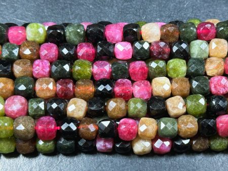 Natural Tourmaline Gemstone Bead Faceted 5mm 7mm Cube Shape, Beautiful Multicolor Black Pink Green Brown Tourmaline Bead, Full 15.5  Strand Online Hot Sale