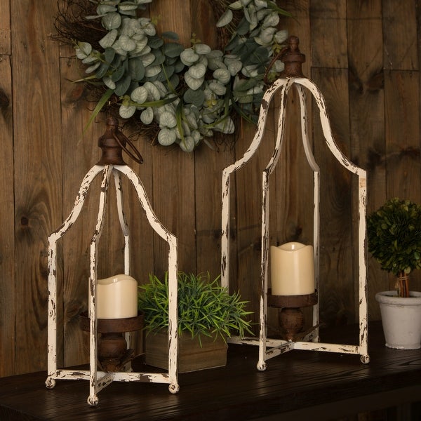 Glitzhome 10  White Farmhouse Decorative Hanging Candle Metal Lanterns on Sale