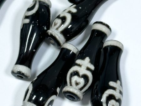 NATURAL Hand Painted Tibetan Agate Stone Bead 30x10mm Vase Bottle Shape Bead, Hand Painted Black and White Color Loose Tibetan Agate Bead Discount