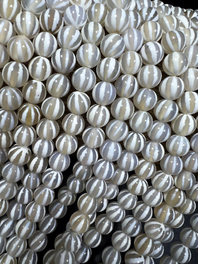 NATURAL Gemstone Tibetan beads hand Painted Agate, 8mm Round Shape, Striped, Beautiful White Color Full Strand 15.5” For Cheap