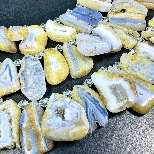 NATURAL Blue Lace Agate Gemstone 23x11 to 40x20mm Flat Freeform Shape Bead. Beautiful Blue White Color Loose Beads. Full Strand 15.5  Fashion