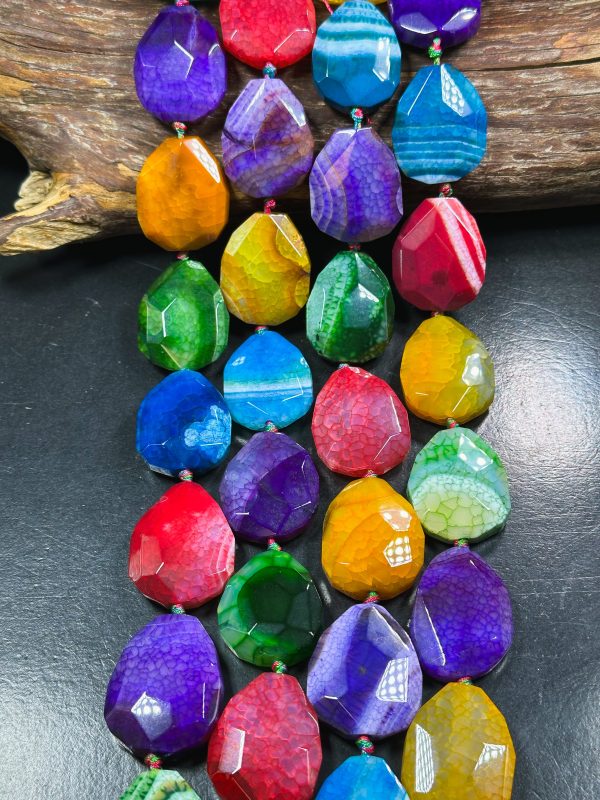 Natural Dragon Skin Agate Gemstone Bead Faceted 36x30mm Teardrop Shape, Beautiful Multicolor Rainbow Dragon Skin Agate Beads, 15.5  Strand Sale