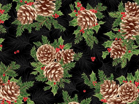 16.5  EOB Evergreen Bows Metallic Pinecone Fabric MASM10182-JE Black by Maywood Studio Cheap