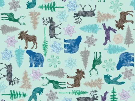 Arctic Party Cotton Fabric Aqua CLTY3617-100 Scandinavian Winter by McKay Manor Musers for Clothworks For Discount