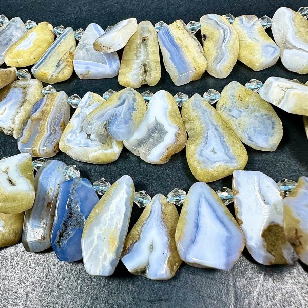 NATURAL Blue Lace Agate Gemstone 23x11 to 40x20mm Flat Freeform Shape Bead. Beautiful Blue White Color Loose Beads. Full Strand 15.5  Fashion