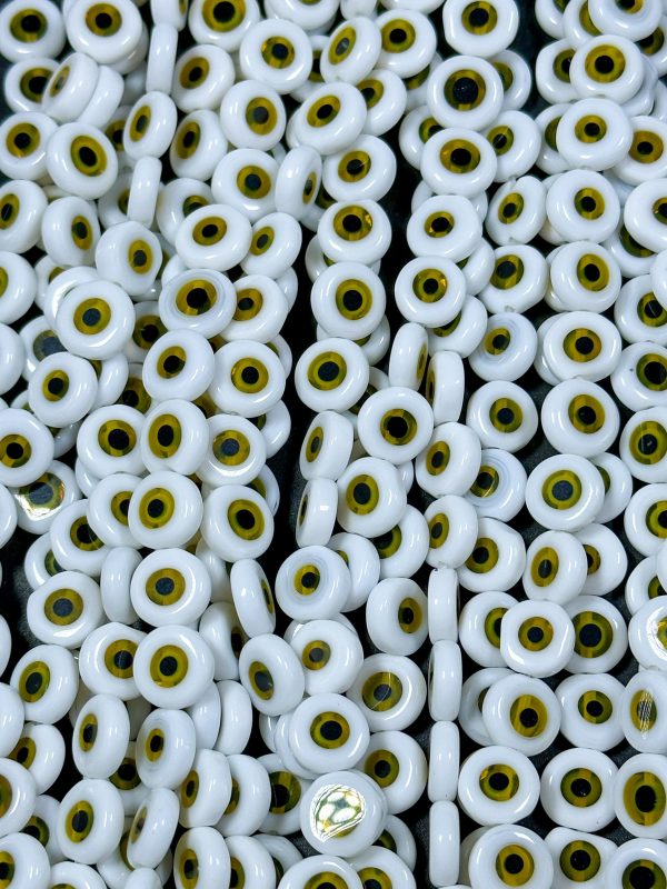 Beautiful Evil Eye Glass Beads 6mm 10mm Flat Coin Shape, Beautiful White with Yellow Evil Eye Glass Beads, Religious Amulet Prayer Beads on Sale